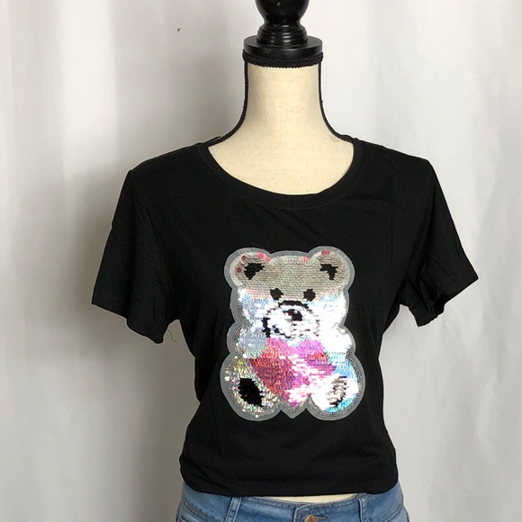 Black Teddy Bear Embroidered T-Shirt NWT - Picture 2 of 5